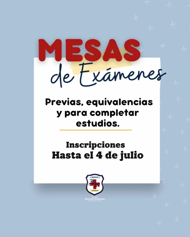 Atención 🤚
INSCRIPCIONES ABIERTAS para #Exámenes Previos, Equivalencias y para Completar Estudios.

🗓Las mesas se realizarán del 28 al 30 de julio del 2025.

Formulario de inscripción y cronograma de exámenes:
👉 https://bit.ly/4l897MA (Link en Bio).

Ante cualquier consulta comunicarse al correo de Secretaría:
👉secretaria@instroubineaui32.edu.ar

#InstitutoRoubineau
#Examenes #Mesas