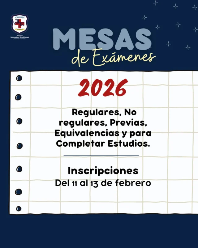 *INSCRIPCIONES ABIERTAS* 

🗓Las mesas se realizarán del 19 al 28 de febrero. 

Formulario de inscripción 
👉bit.ly/4reLx3I 

Cronograma de exámenes:
👉https://bit.ly/4ap5H3B 

Ante cualquier consulta comunicarse al correo de Secretaría:
👉secretaria@instroubineaui32.edu.ar

#InstitutoRoubineau
#Examenes #Mesas